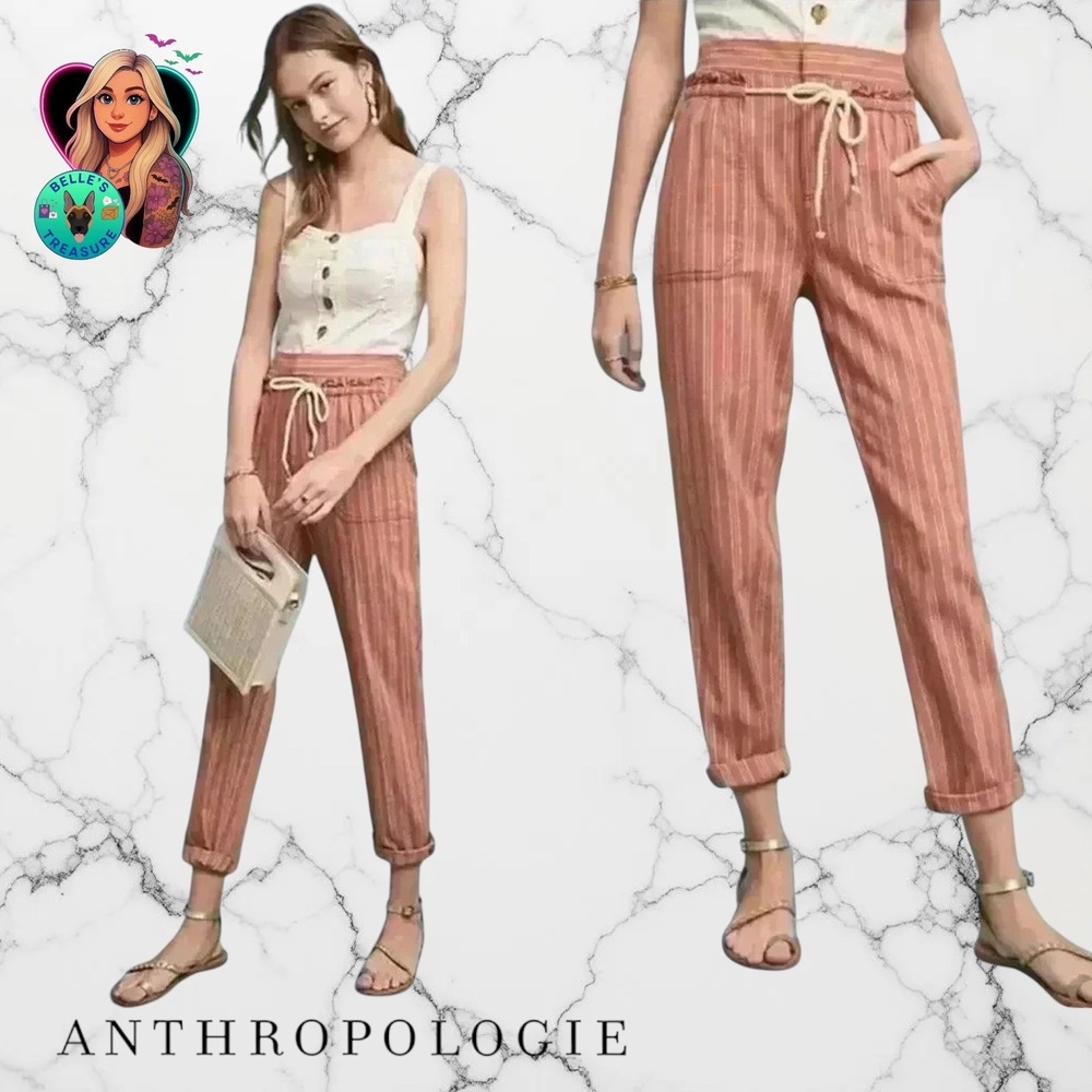 Anthropologie Seashore Striped Linen Blend Drawstring Pants Rust Orange Women XS